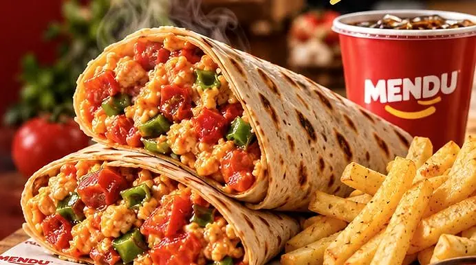İki MENDU dürüm, çıtır patates ve MENDU bardak