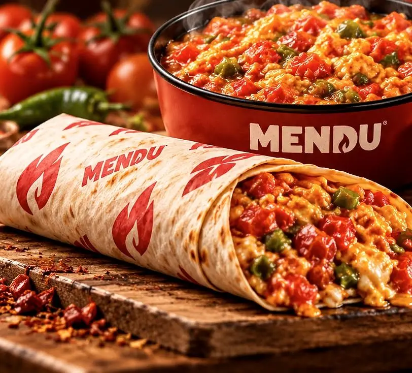 MENDU Original: kasede sıcak menemen, MENDU kâğıdına sarılmış lavaş dürüm, yanında pul biber